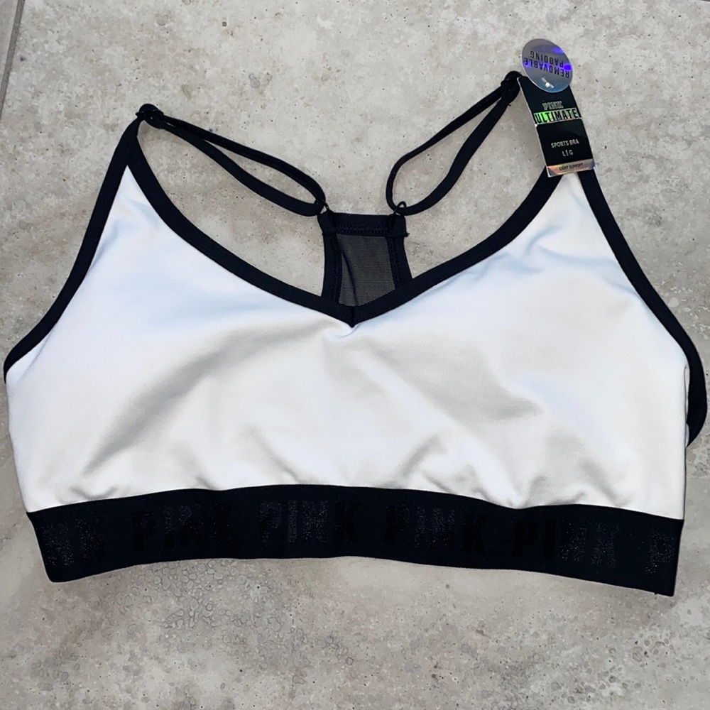 Black and white VS sports bra.